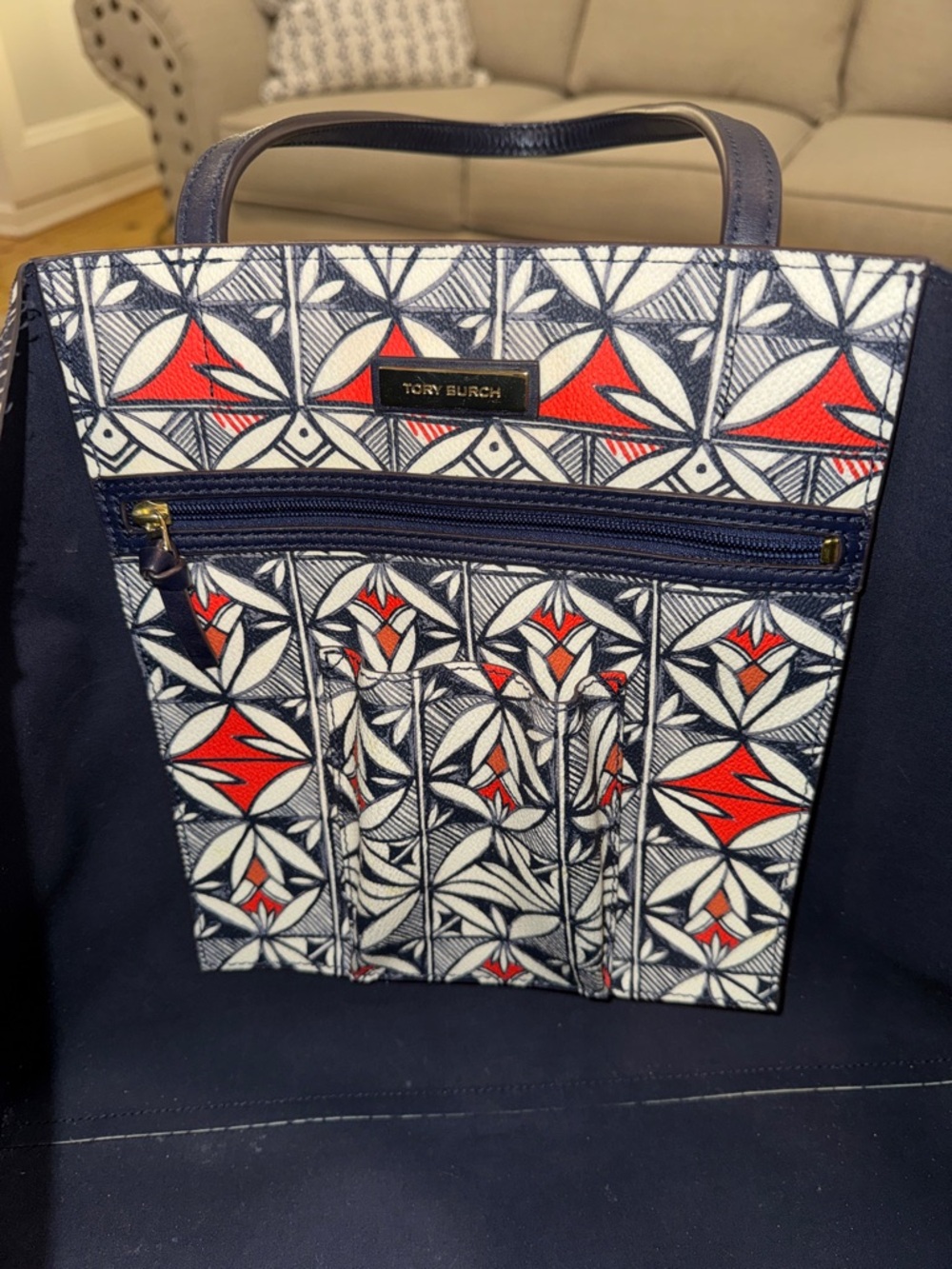 Tory Burch Bag Kerrington Large Printed Floral Geometric Leather Tote - Picture 12 of 17